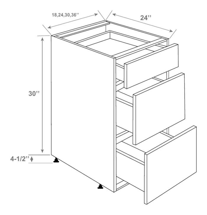 Three Drawers Base Cabinet drawing with dimensions
