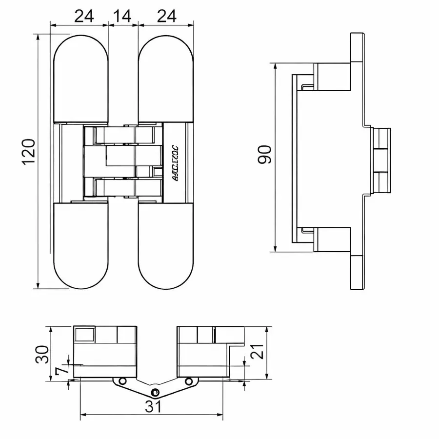 Concealed hinge dimensions drawing 24/24x120
