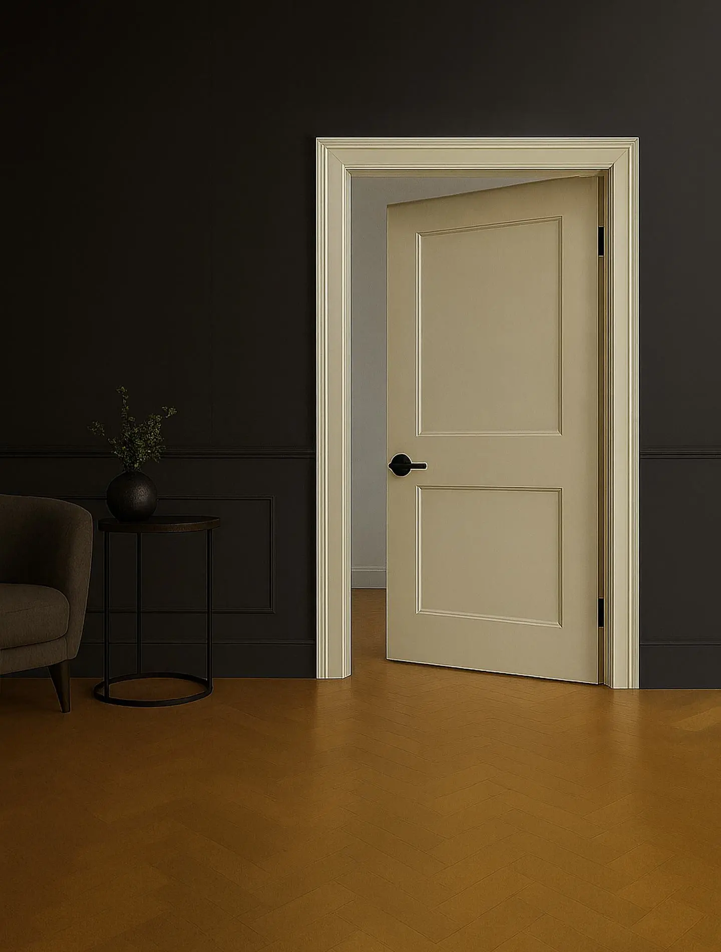 Two-panel Shaker interior door in a dark modern interior