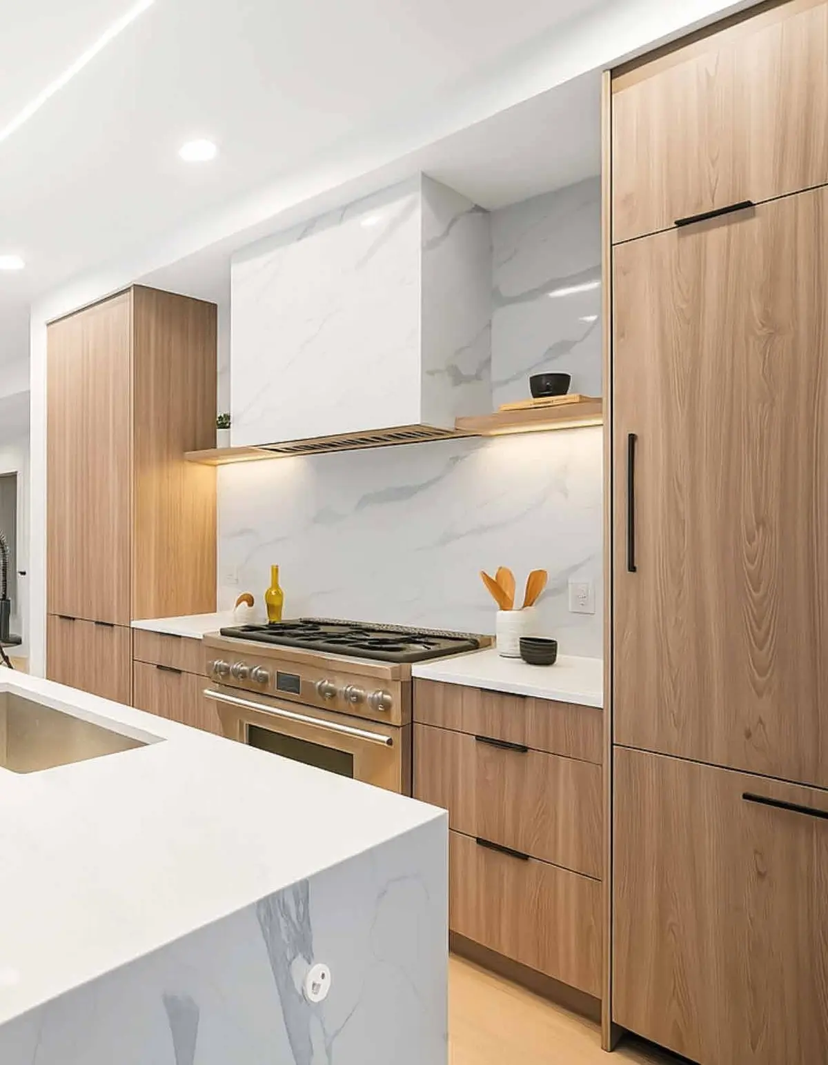 Tall pantry cabinets and island